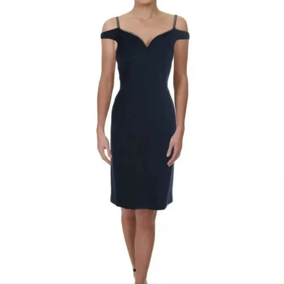 Elie Tahari | Dresses | Elie Tahari Navy Sheath Cocktail Illusion Lace Trim  Off Shoulder 8 | Poshmark